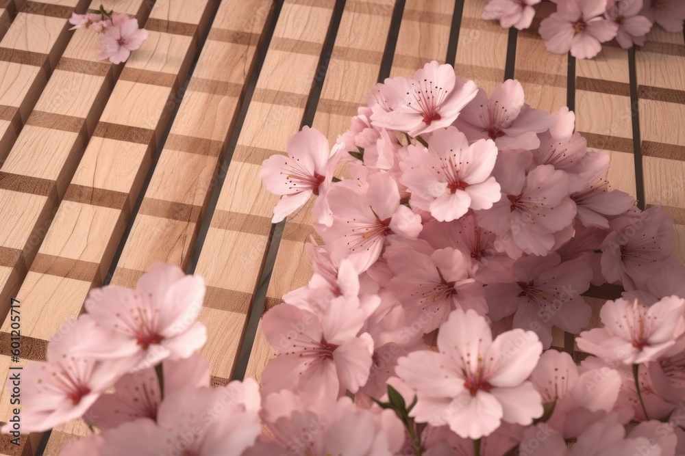 close-up pink flowers on a wooden table with blurred background Generative AI