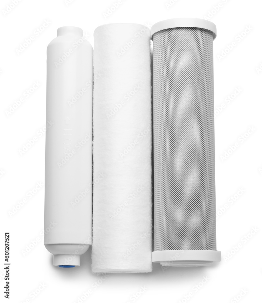 New water filter cartridges on grey background