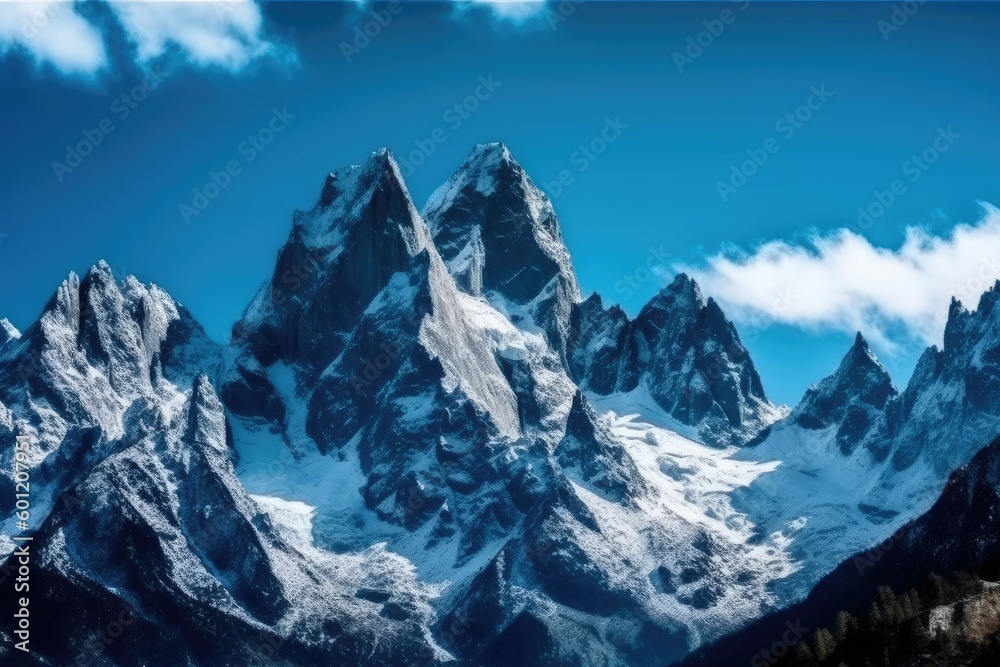 majestic mountain range with snow-capped peaks in the distance Generative AI