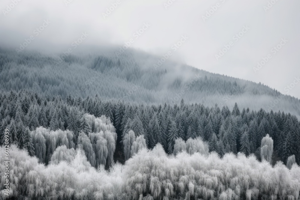 misty mountain peak surrounded by trees Generative AI