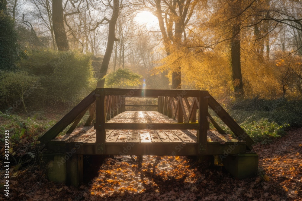 wooden bridge surrounded by lush greenery in a serene forest setting Generative AI