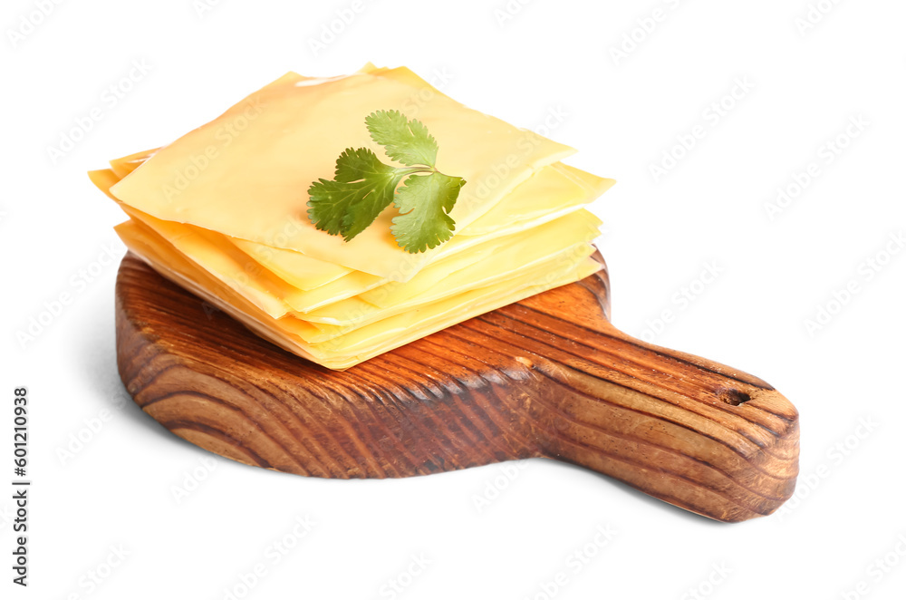 Board of tasty processed cheese with herbs on white background