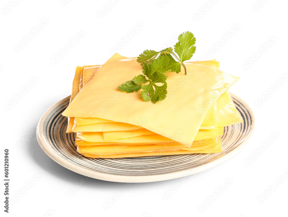 Plate with tasty processed cheese and herbs on white background