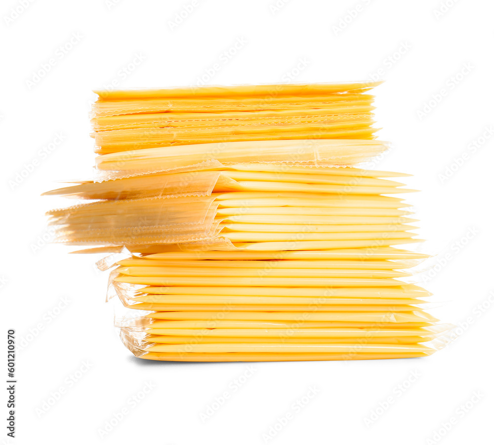 Stack of tasty processed cheese on white background