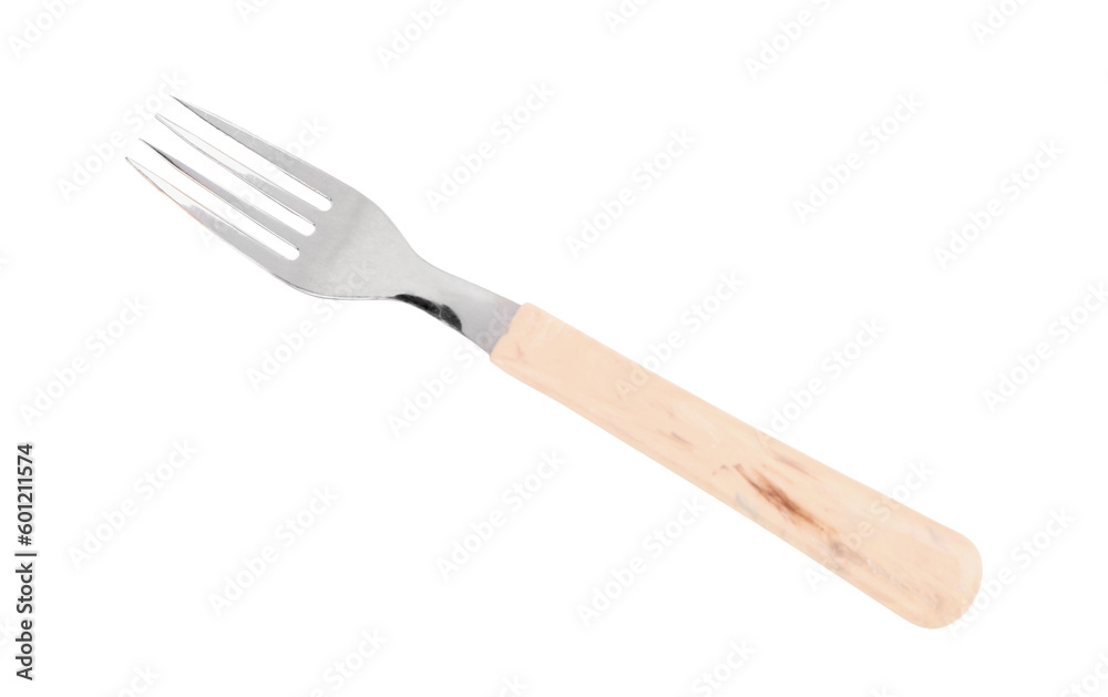 Silver fork with wooden handle on white background