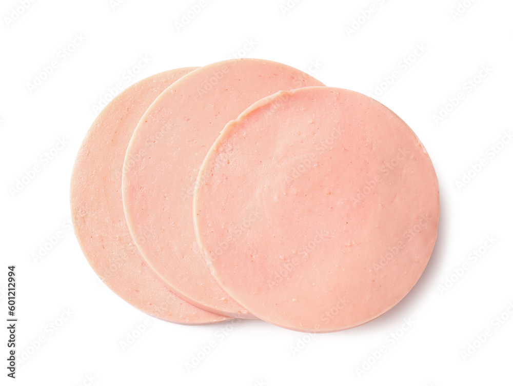 Slices of tasty boiled sausage on white background