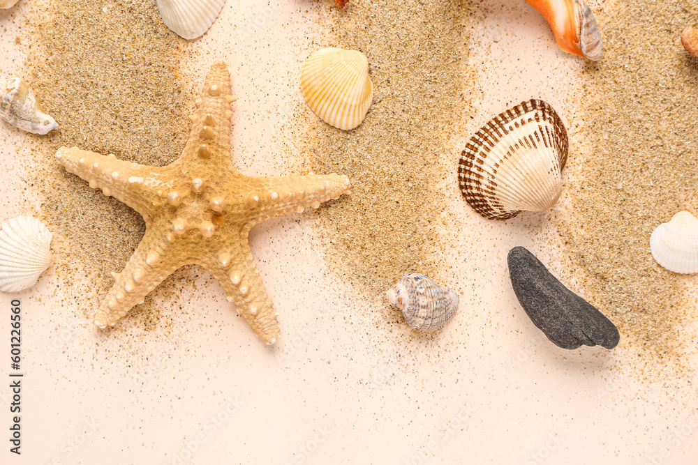 Sand with seashells and starfishes on pale pink background