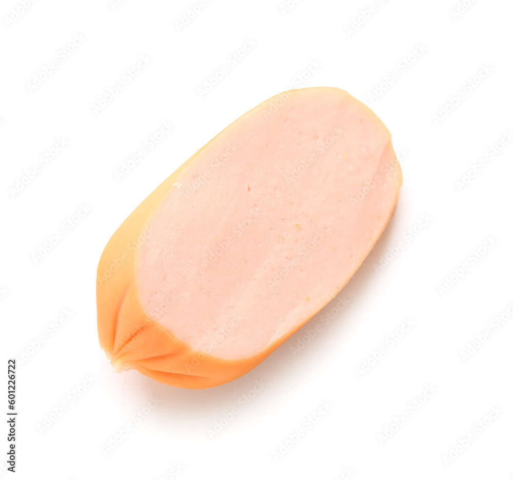 Slice of tasty boiled sausage on white background