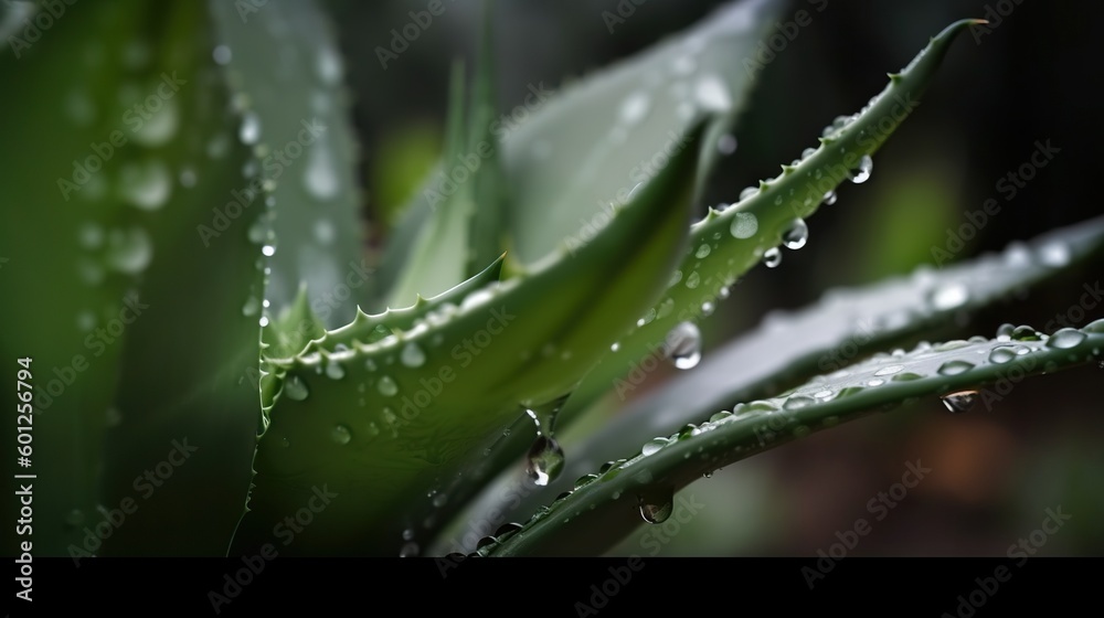 Closeup of aloe tropical plant leaves with rain drops. Green natural backdrop. Generative AI