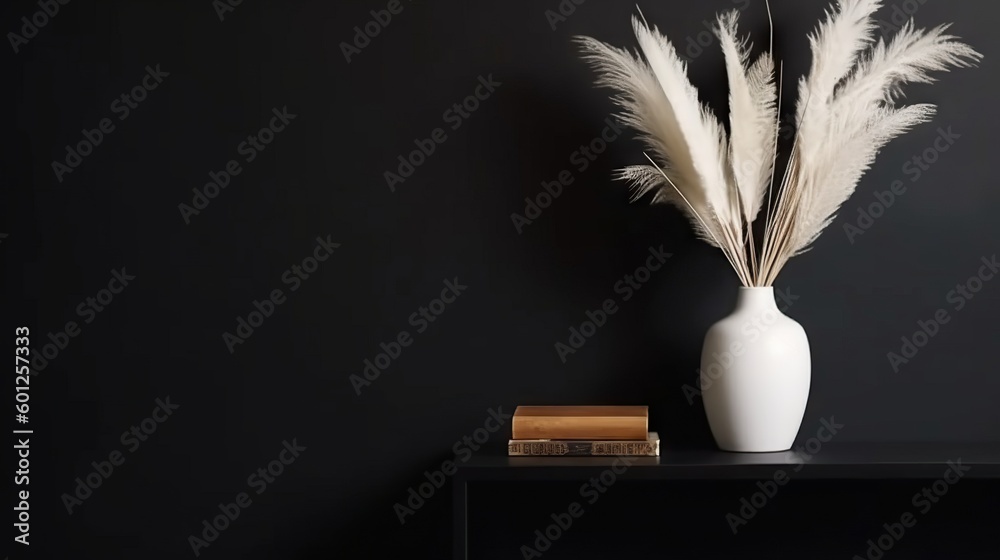 Vase with decorative plant branch against black wall background. Minimalist interior mockup. Generat