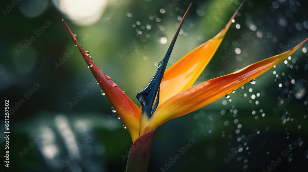 Closeup of Strelitzia reginae tropical plant leaves with rain drops. Green natural backdrop. Generat