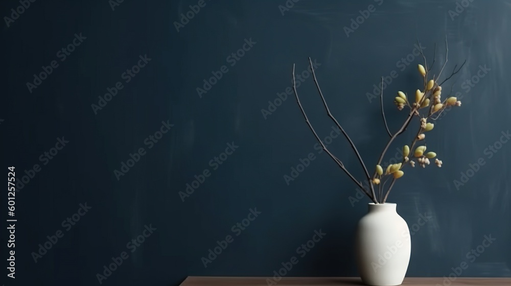 Vase with decorative plant branch against dark blue wall background. Minimalist interior mockup. Gen