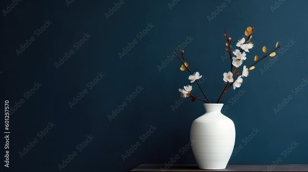 Vase with decorative plant branch against dark blue wall background. Minimalist interior mockup. Gen