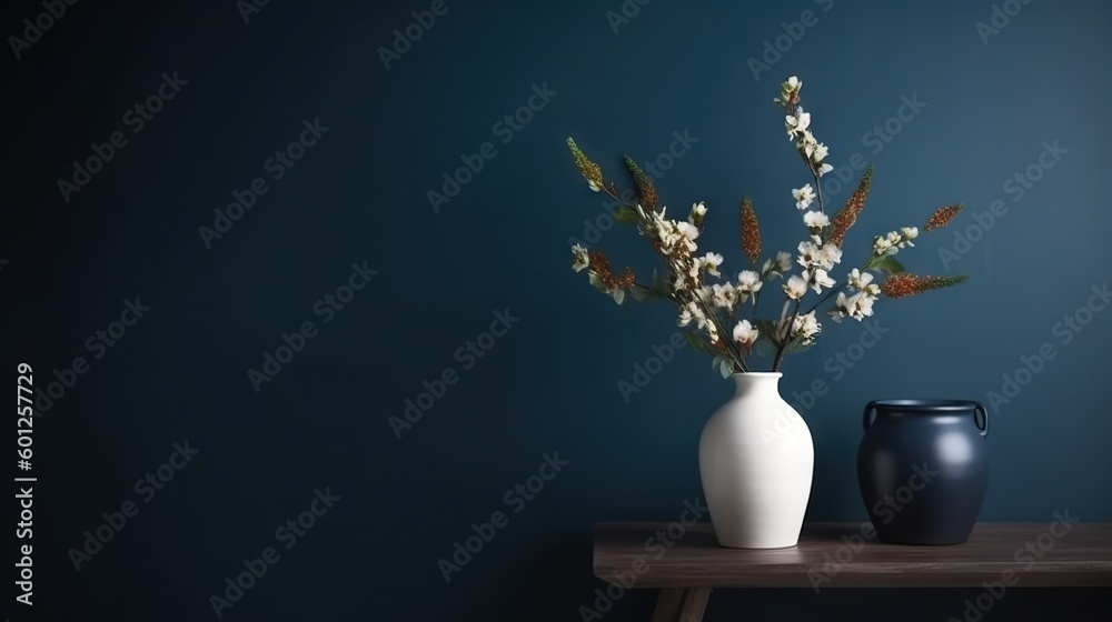 Vase with decorative plant branch against dark blue wall background. Minimalist interior mockup. Gen