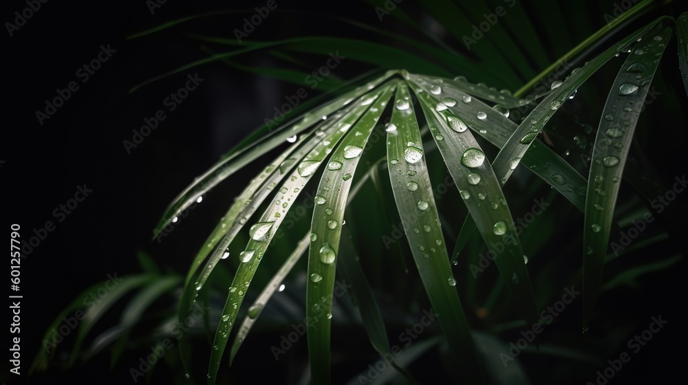 Closeup of Kentia Palm tropical plant leaves with rain drops. Green natural backdrop. Generative AI