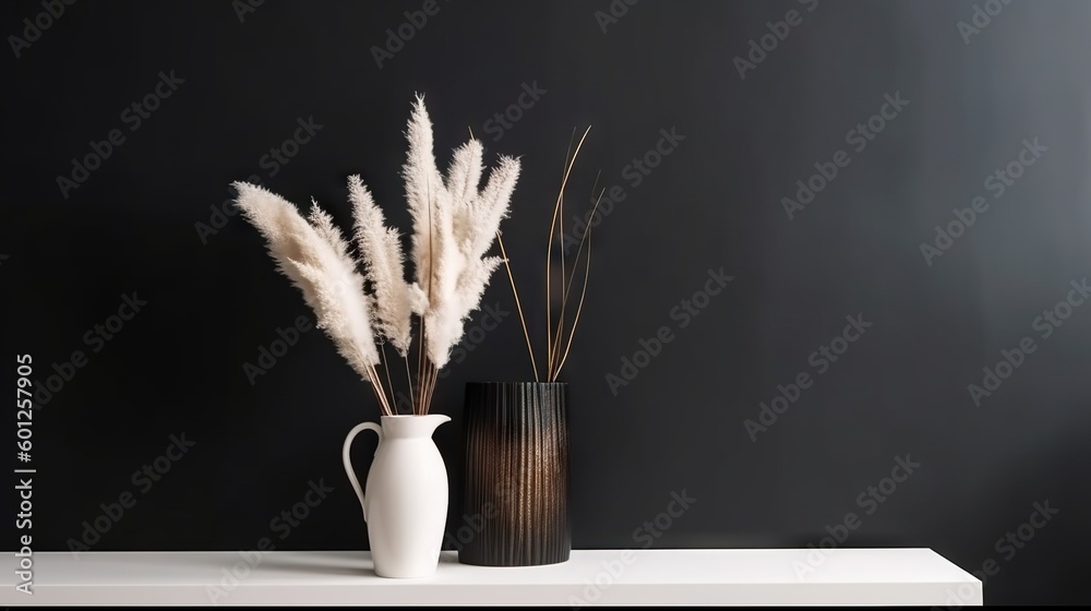 Vase with decorative plant branch against black wall background. Minimalist interior mockup. Generat