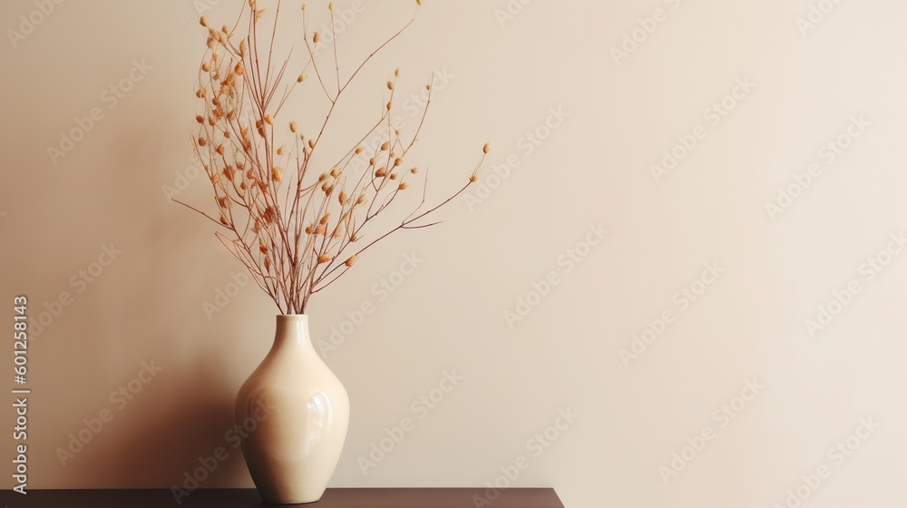 Vase with decorative dry plant branch against beige wall background. Minimalist interior mockup. Gen