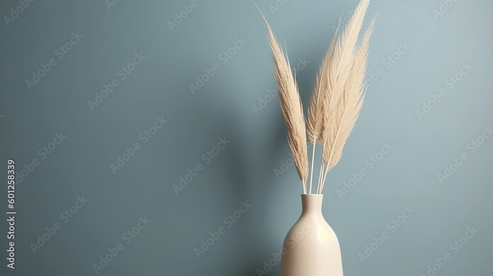 Vase with decorative plant branch against blue wall background. Minimalist interior mockup. Generati