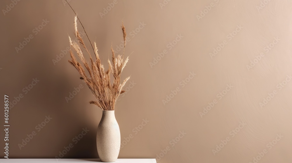 Vase with decorative dry plant branch against beige wall background. Minimalist interior mockup. Gen