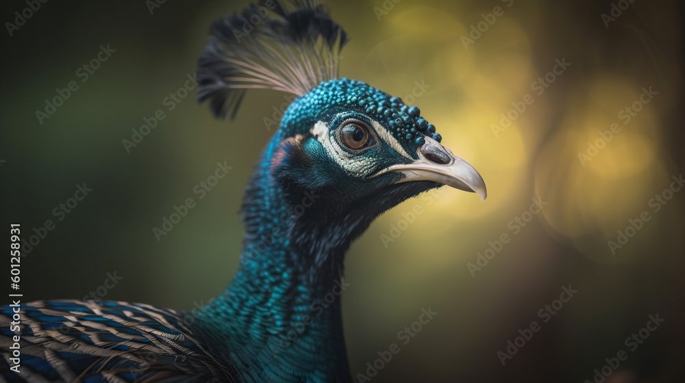 Close up photo of Peafowl bird on forest background. Generative AI