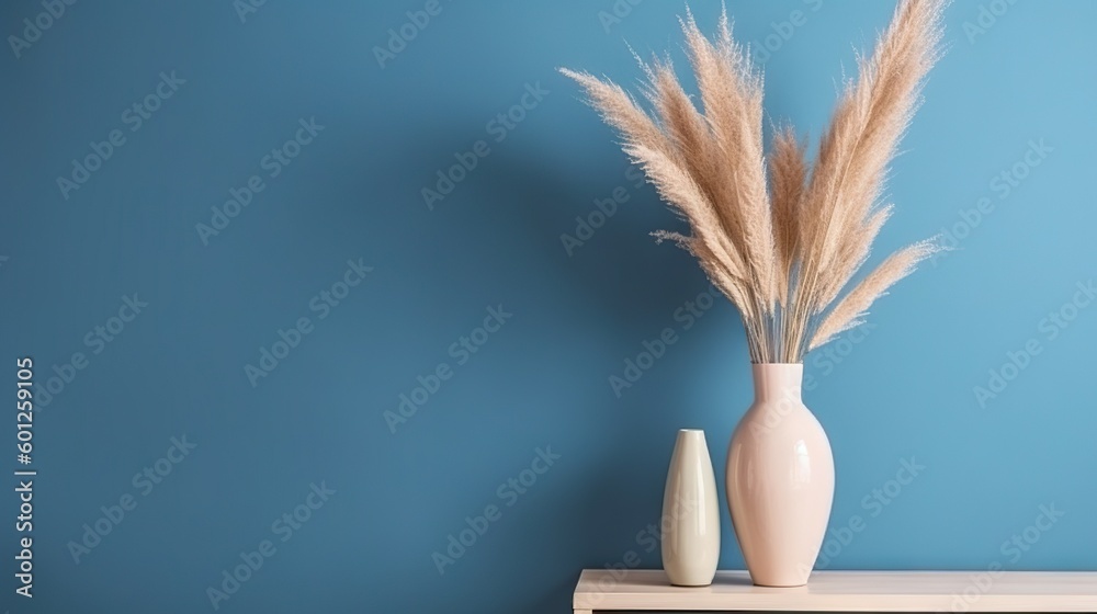 Vase with decorative plant branch against blue wall background. Minimalist interior mockup. Generati