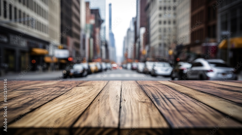 Wood table mockup with New York city street in shallow depth of field. Copy space for product. Gener