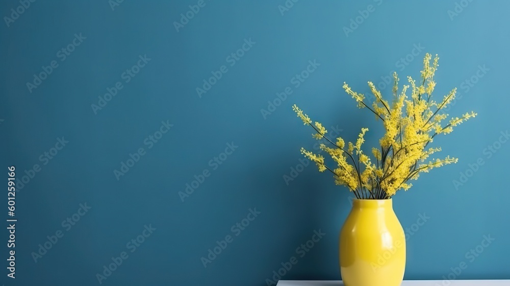 Vase with decorative plant branch against blue wall background. Minimalist interior mockup. Generati