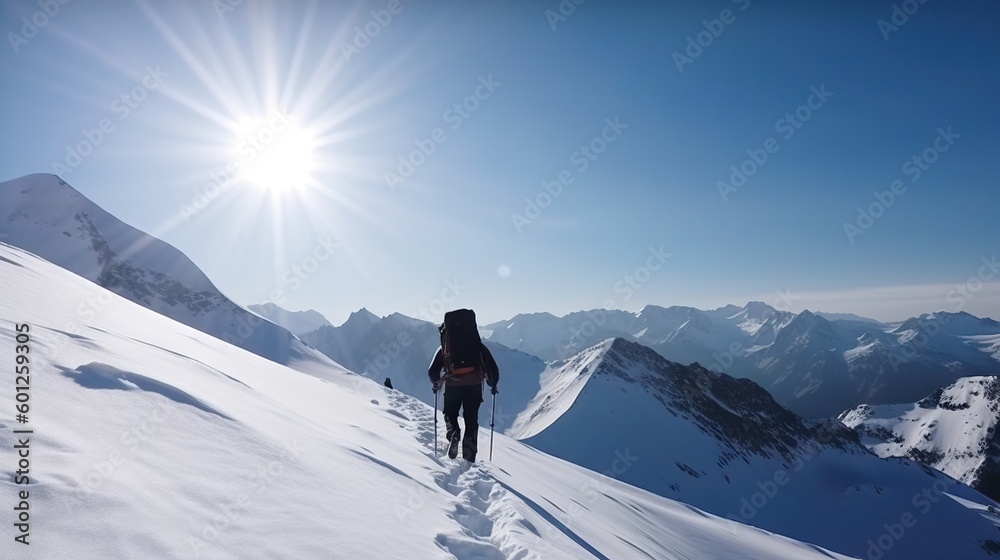 Explorer stand in front of high mountain peak winter snowy landscape. Generative AI