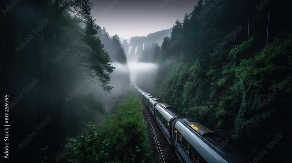 Speed passenger train moving in the mist mountains covered with forest. Generative AI