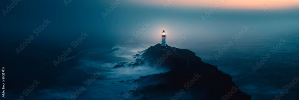 Lighthouse on a cliff edge in stormy and misty weather. Night landscape. Generative AI