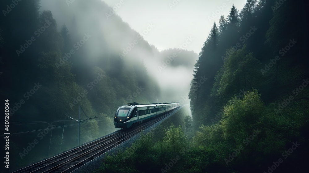 Speed passenger train moving in the mist mountains covered with forest. Generative AI