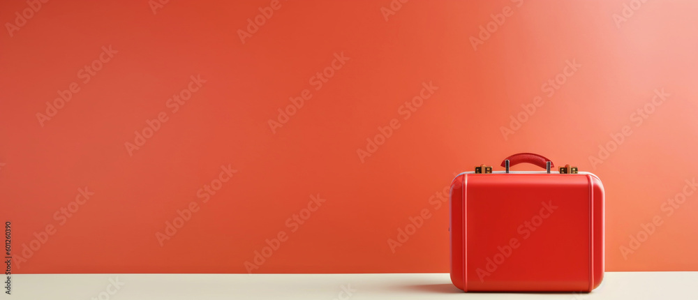 Red travel suitcase, on red background. Trip concept. Generative AI