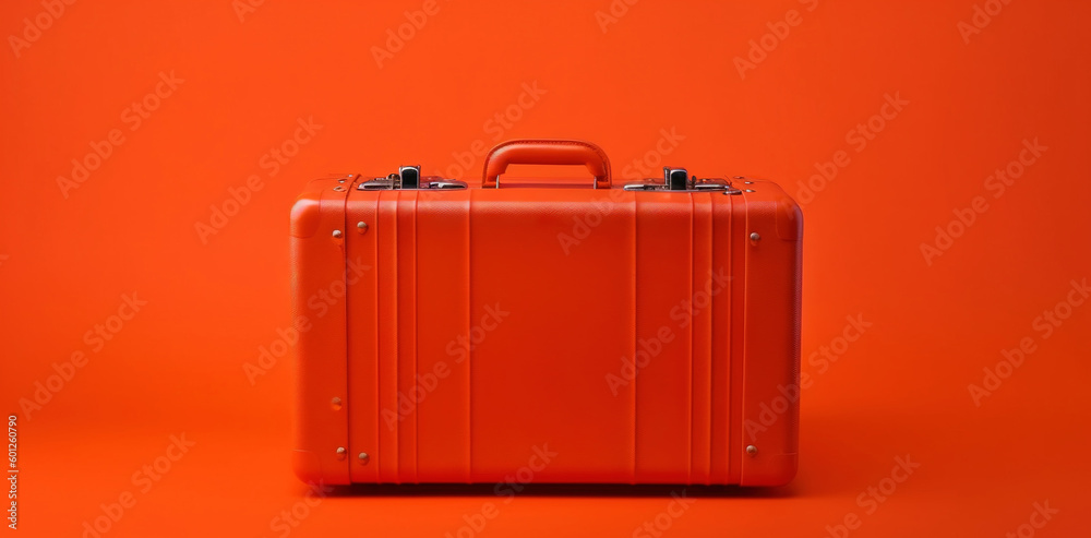 Orange travel suitcase, on orange background. Trip concept. Generative AI