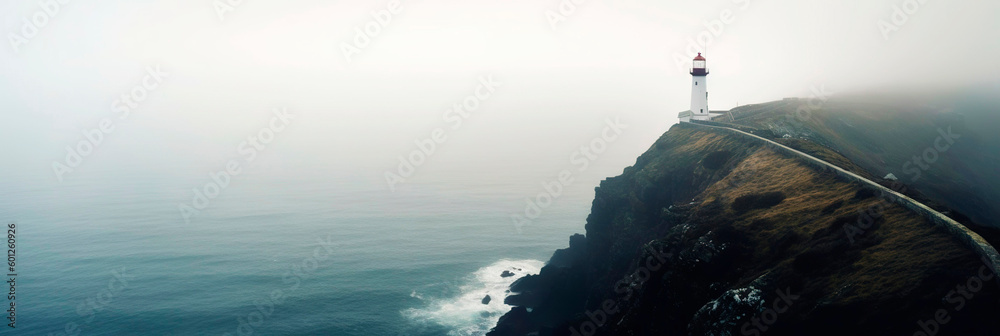 Lighthouse on a cliff edge in stormy and misty weather. Generative AI