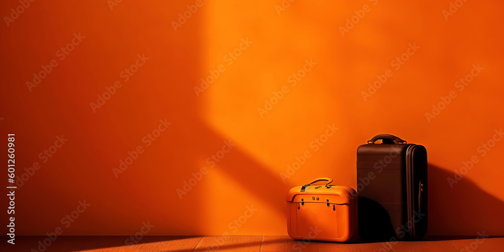 Orange travel suitcase, on orange background. Trip concept. Generative AI