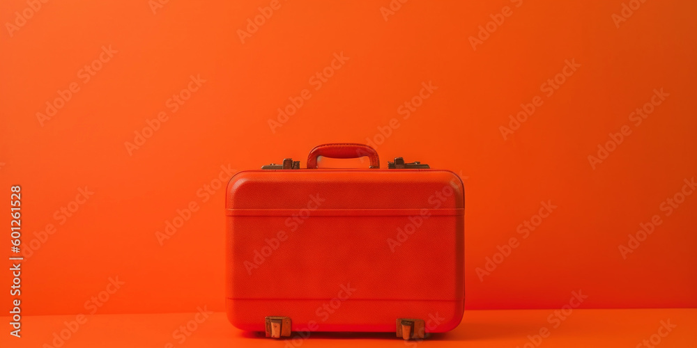 Orange travel suitcase, on orange background. Trip concept. Generative AI