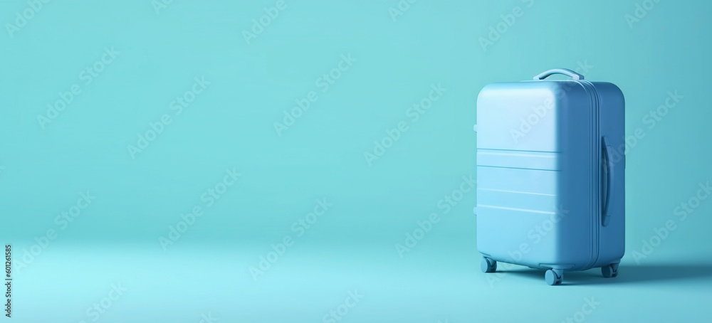 Blue travel suitcase with wheels, on blue background. Trip concept. Generative AI