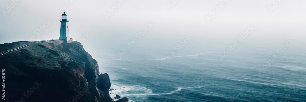 Lighthouse on a cliff edge in stormy and misty weather. Generative AI