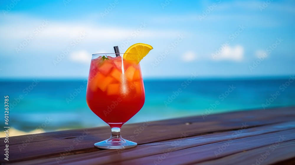 Bay Breeze cocktail on background with blue sea and sky tropical background. Generative AI