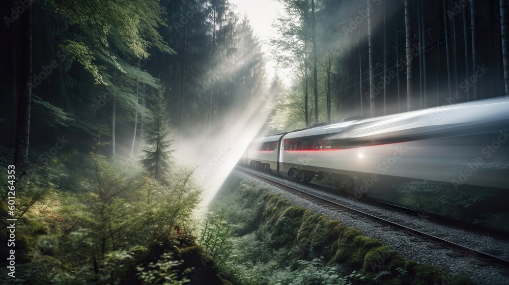 Speed passenger train moving in the mist mountains covered with forest. Generative AI