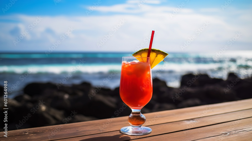 Lava flow cocktail on background with blue sea and sky tropical background. Generative AI