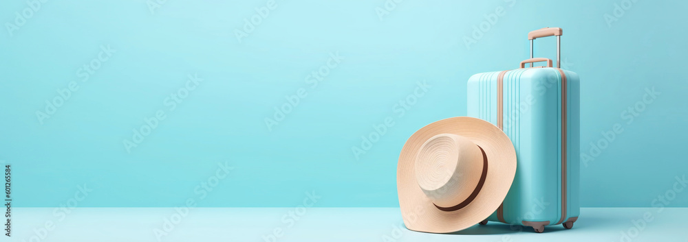 Blue travel suitcase with straw hat, on light blue background. Trip concept. Generative AI