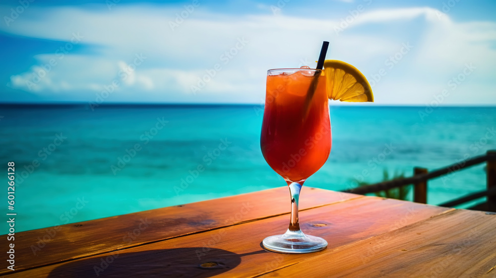 Bay Breeze cocktail on background with blue sea and sky tropical background. Generative AI