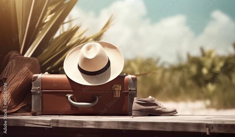 Suitcase, hat and accessories on the wooden floor with a sea background. Travel concept. Generative 