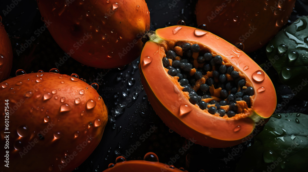 Fresh ripe papayas with water drops background. Fruits backdrop. Generative AI