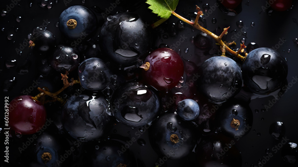 Fresh ripe blackcurrant with water drops background. Berries backdrop. Generative AI