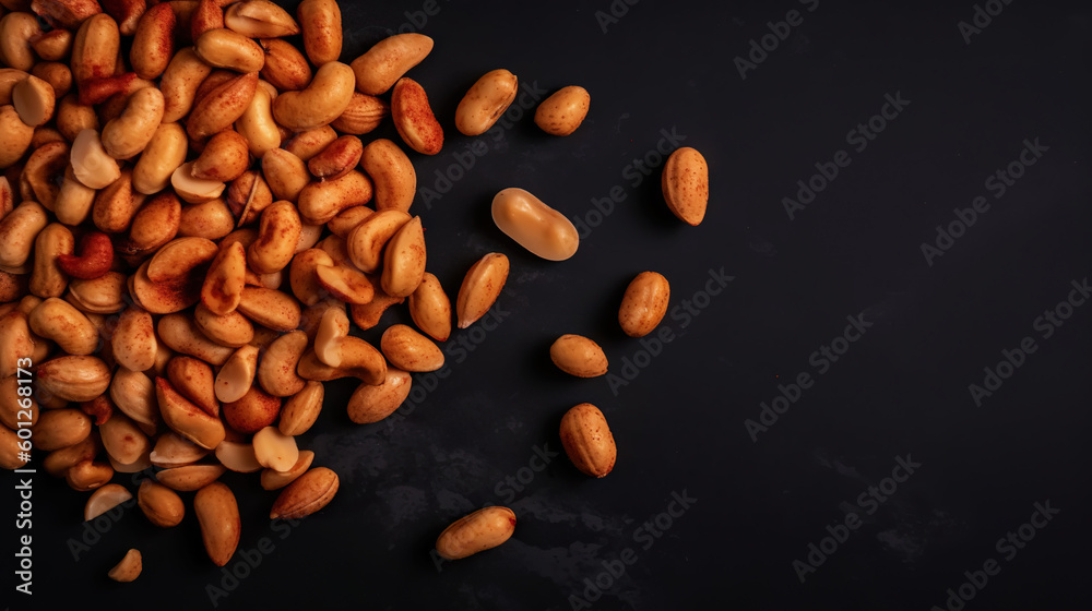 Many roasted peanuts on dark background. Food Backdrop. Generative AI