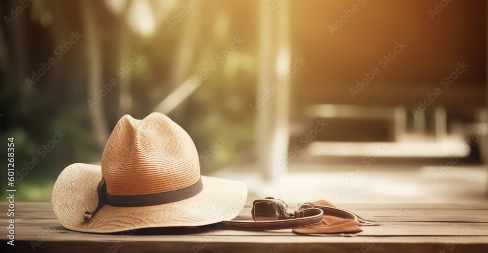 Hat and accessories with a sea background. Travel concept. Generative AI