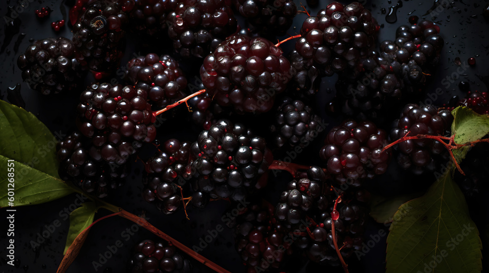 Fresh ripe elderberry with water drops background. Berries backdrop. Generative AI