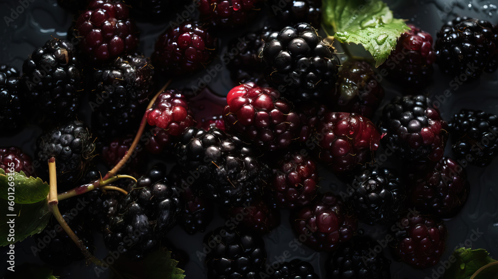 Fresh ripe blackberries with water drops background. Berries backdrop. Generative AI